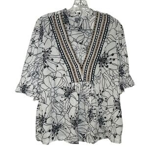 Blank London Womens Medium Floral V-Neck Embroidered Ruffle Sleeve Blouse boho